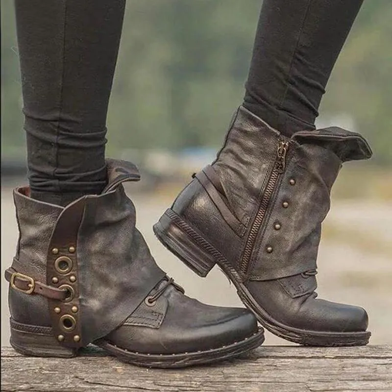 Women's chunky short motorcycle boots square toe retro ankle boots