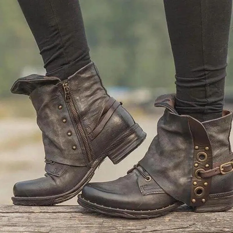 Women's chunky short motorcycle boots square toe retro ankle boots