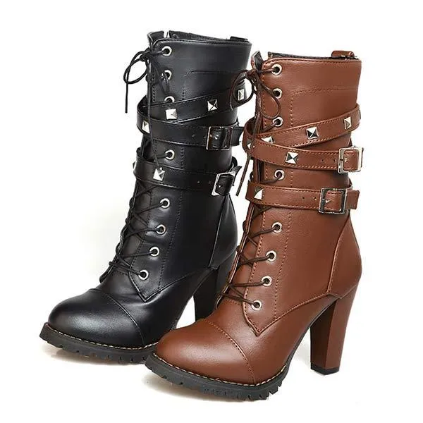Women's Side Zipper Studs Chunky Heel Mid-Calf Boots with High Heel and Lace-Up Martin Boots 33341609C
