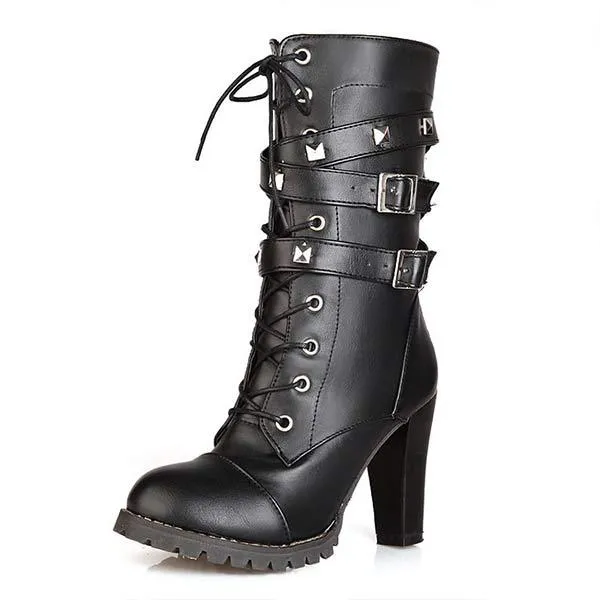 Women's Side Zipper Studs Chunky Heel Mid-Calf Boots with High Heel and Lace-Up Martin Boots 33341609C