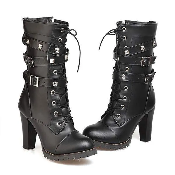 Women's Side Zipper Studs Chunky Heel Mid-Calf Boots with High Heel and Lace-Up Martin Boots 33341609C