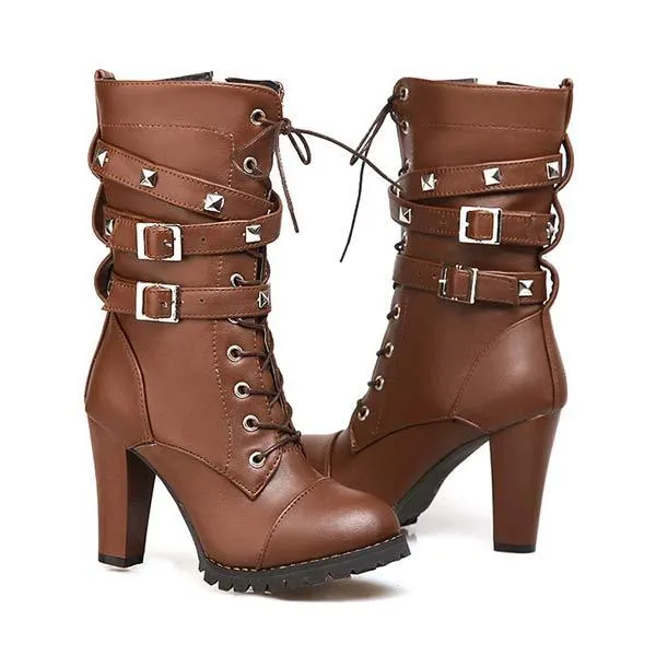 Women's Side Zipper Studs Chunky Heel Mid-Calf Boots with High Heel and Lace-Up Martin Boots 33341609C