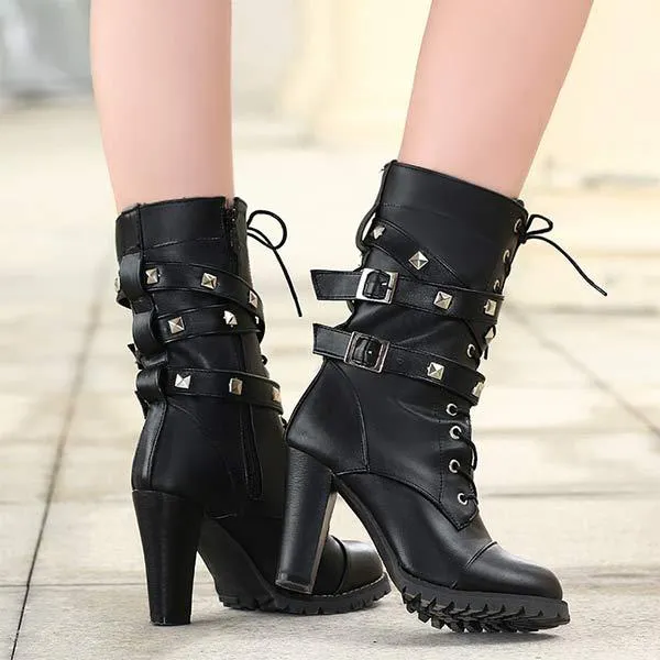 Women's Side Zipper Studs Chunky Heel Mid-Calf Boots with High Heel and Lace-Up Martin Boots 33341609C