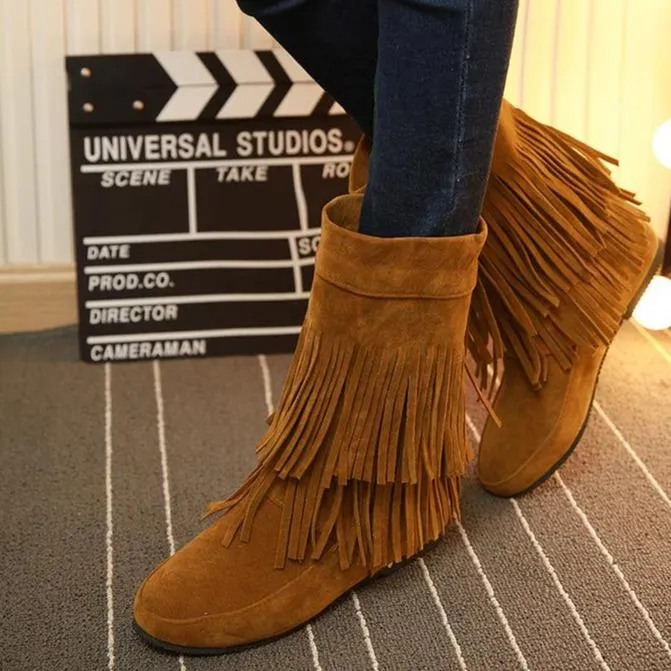 Women's tassels mid calf boots low heel short fringe boots