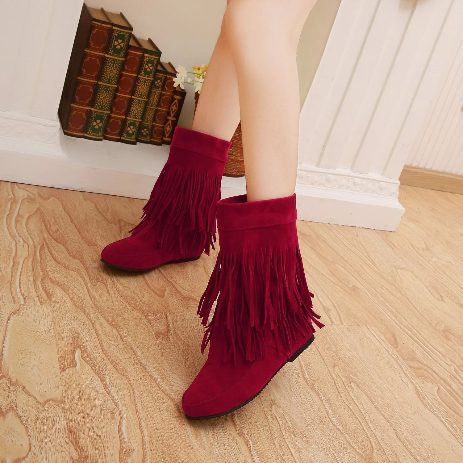 Women's tassels mid calf boots low heel short fringe boots
