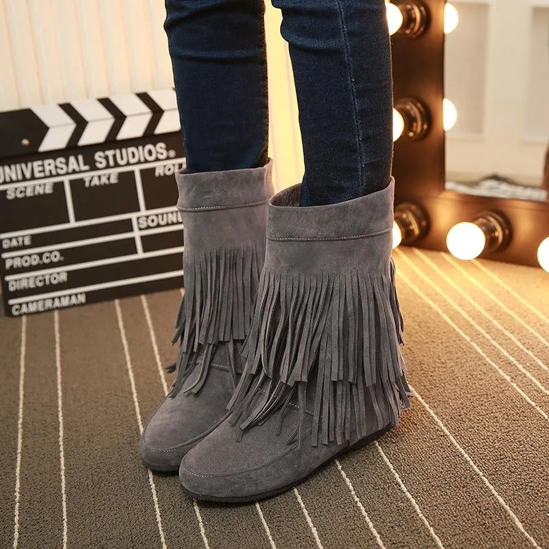Women's tassels mid calf boots low heel short fringe boots