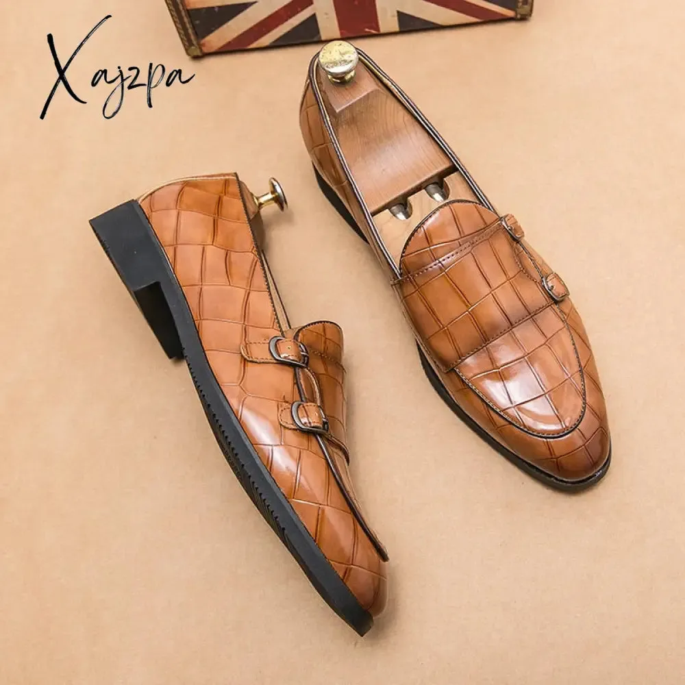 Xajzpa - New Men Monk Loafers PU Solid Color Round Toe Double Buckle Stone Pattern Fashion Business Casual Party Daily Dress Shoes