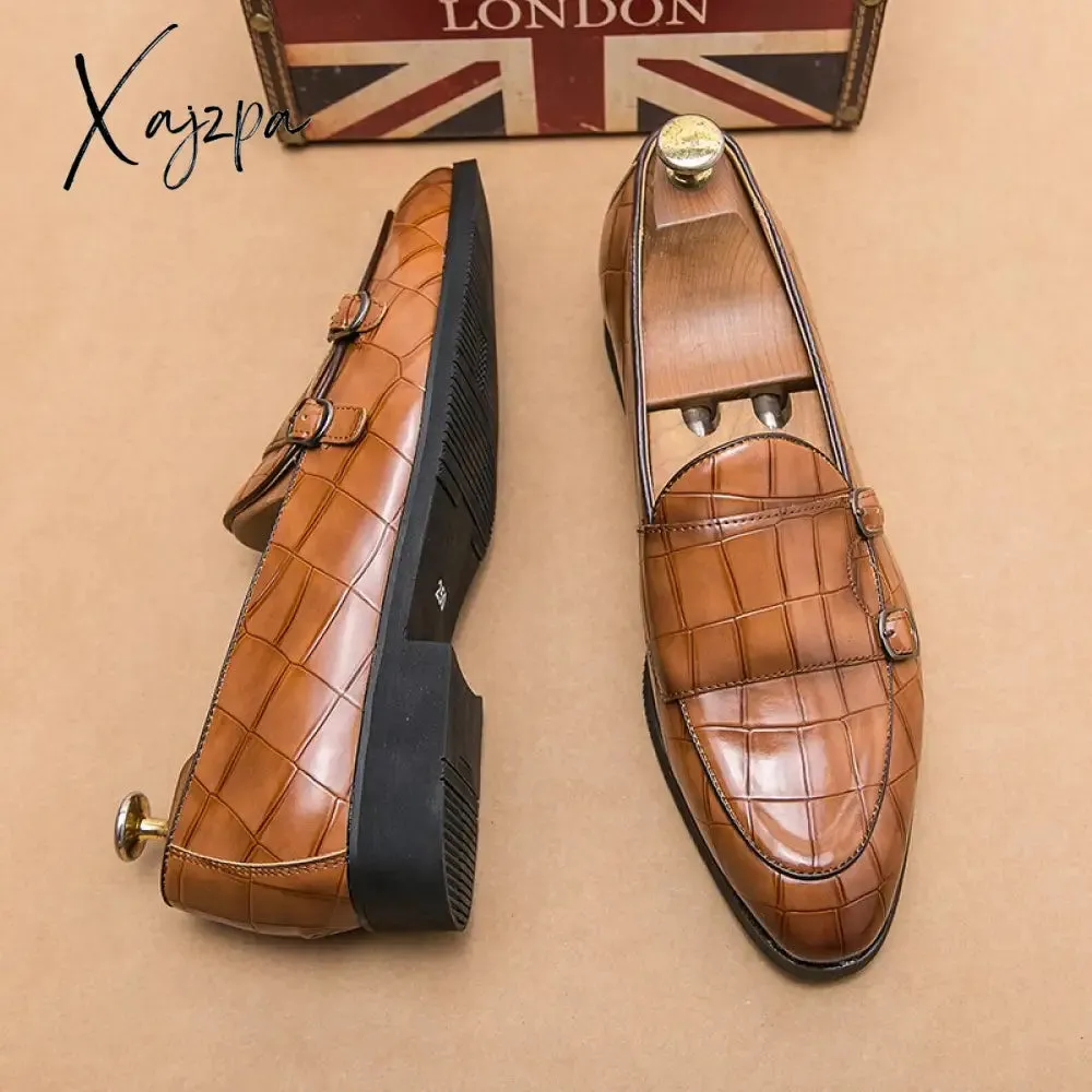 Xajzpa - New Men Monk Loafers PU Solid Color Round Toe Double Buckle Stone Pattern Fashion Business Casual Party Daily Dress Shoes