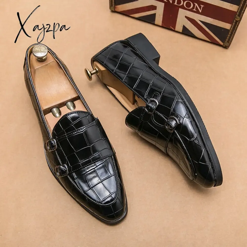 Xajzpa - New Men Monk Loafers PU Solid Color Round Toe Double Buckle Stone Pattern Fashion Business Casual Party Daily Dress Shoes